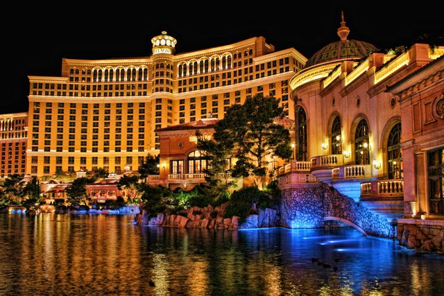 Looking across the lake at the Bellagio Casino and Hotel in Las Vegas, Nevada.